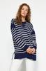 Women's Fashionable Stylish Hijab Sweater Navy Blue Comfortable Striped Knitwear Sweater