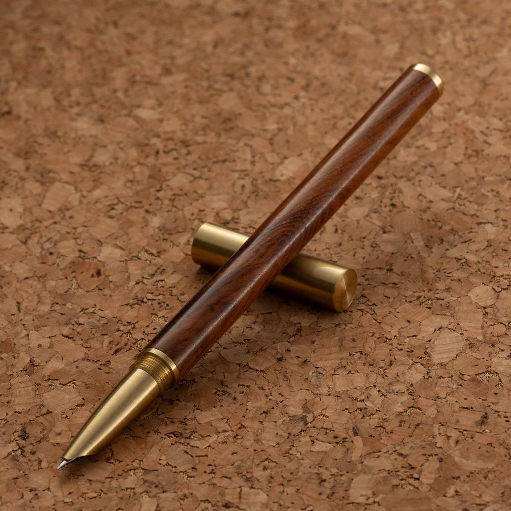 Retro Sandalwood & Brass Fountain Pen - Dark Nib, Calligraphy Practice, Engraved Logo