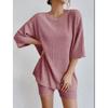 Women's Spring Solid Color Casual Outfit, Crew Neck Loose Top & Shorts Two-Piece Set