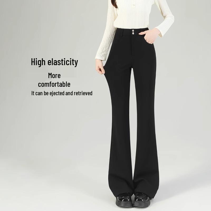 Women's Black Micro Flare Pants - 2025 Spring Collection, High Waist Elastic Slimming Fit, Drapey Suit Style
