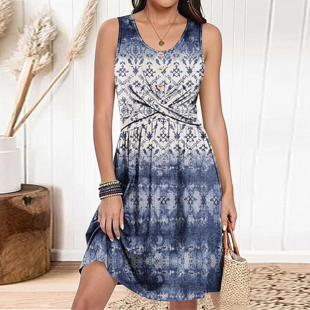 Women's Casual Fashion Dress Round Neck Sleeveless Fitted Dress