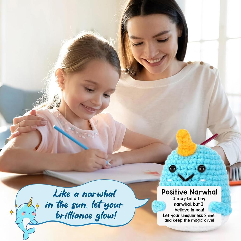 Handmade Knitted Positive Narwhal Doll With Card Home Room Decor Crochet Emotional Inspirational Support Narwhal Desk Ornament