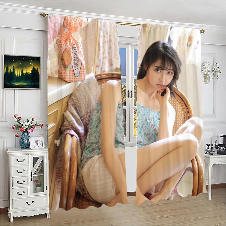 2 Pieces of Pure and Innocent Beauty Model Printed Curtains, Pole Bag Home Decoration, Room Decoration
