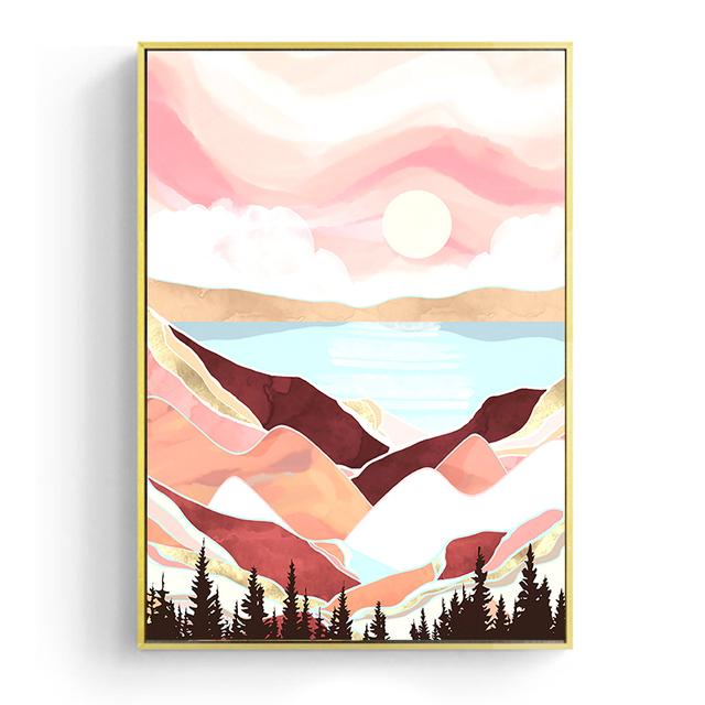 Japanese Cherry Blossom Tone Landscape Poster Pink Sunrise Mountain Picture Wall Art Canvas Painting Modern Room Home Decoration