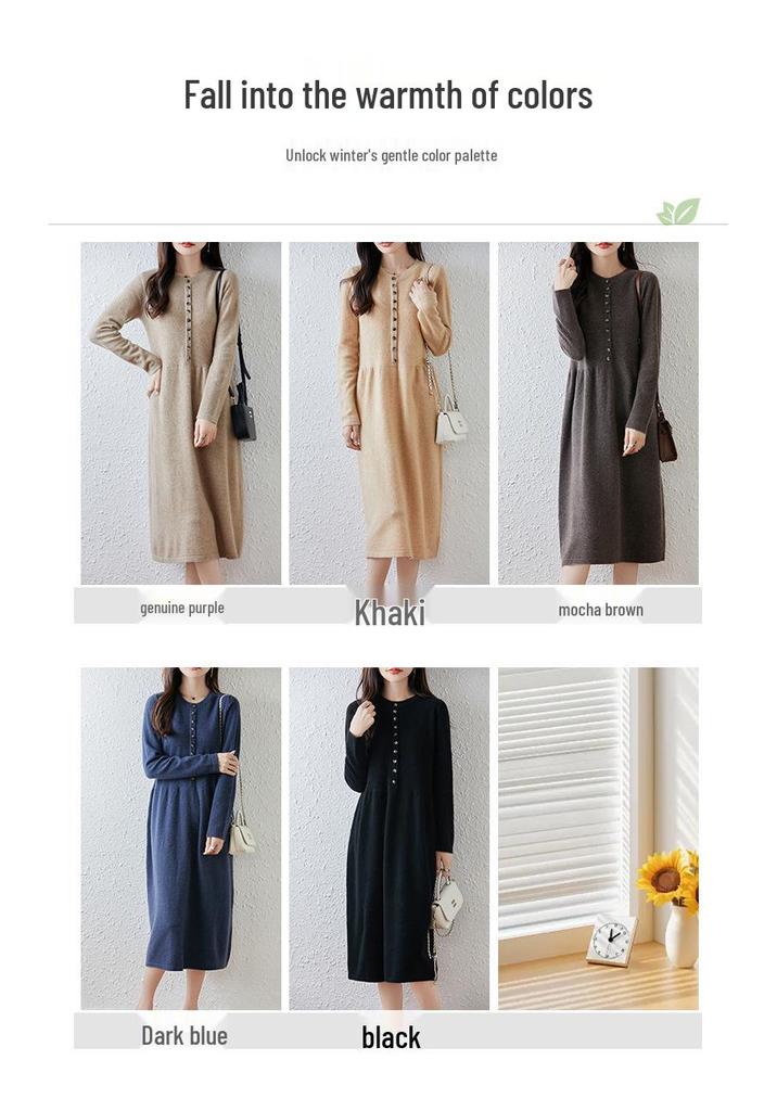 Women's Long Loose Pure Wool Knit Dress - Single-Breasted Round Neck for Autumn and Winter.