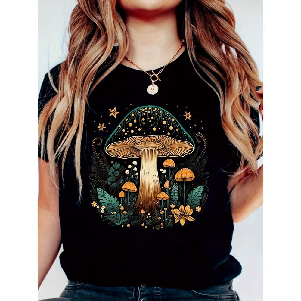 

Women Cotton Short Sleeves T-shirts Whimsical Mushroom Forest Women s Tee Enchanted Graphic Top S