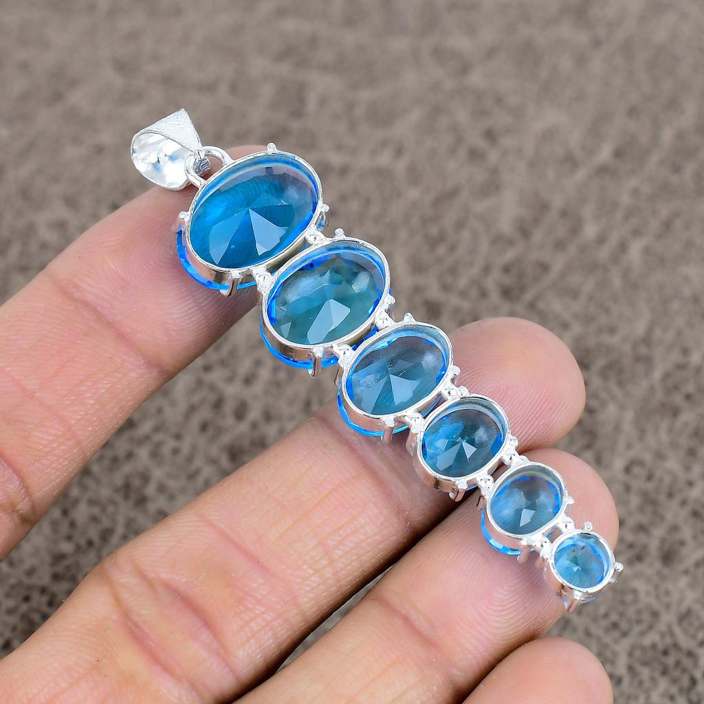 Blue Topaz Gemstone Handmade 925 Sterling Silver Jewelry Pendant 3.03" KKG-77