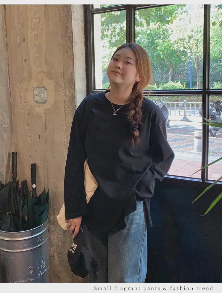 Women's Oversized White Long-Sleeve Cotton Split-Hem T-Shirt - Autumn Loose Fit