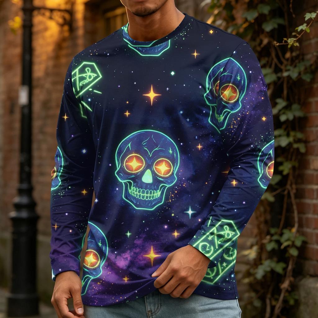 Men's Halloween Print Long Sleeve Neck T-Shirt Loose Fit Casual Top