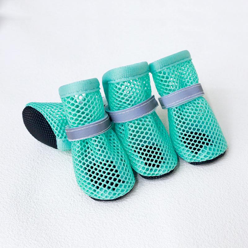 4Pcs Summer Cooling Dog Boots for Night Walks Breathable Mesh Dog Shoes with Reflective Straps & Soft Sole for Paw Protection