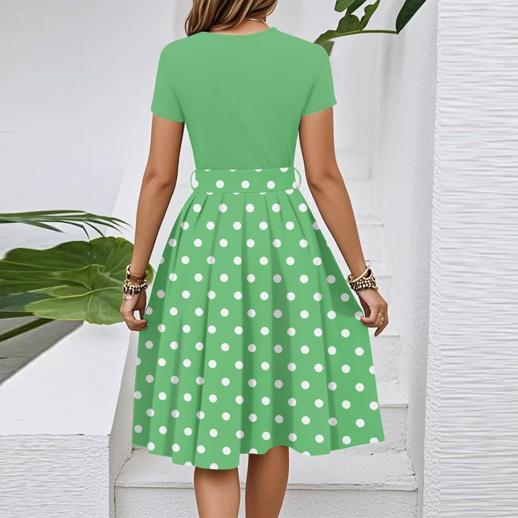 Elegantes, fließendes Kleid für Damen, lässig, modisch, mit Gürtel, Punktmuster, kurzen Ärmeln, Rundhalsausschnitt.
