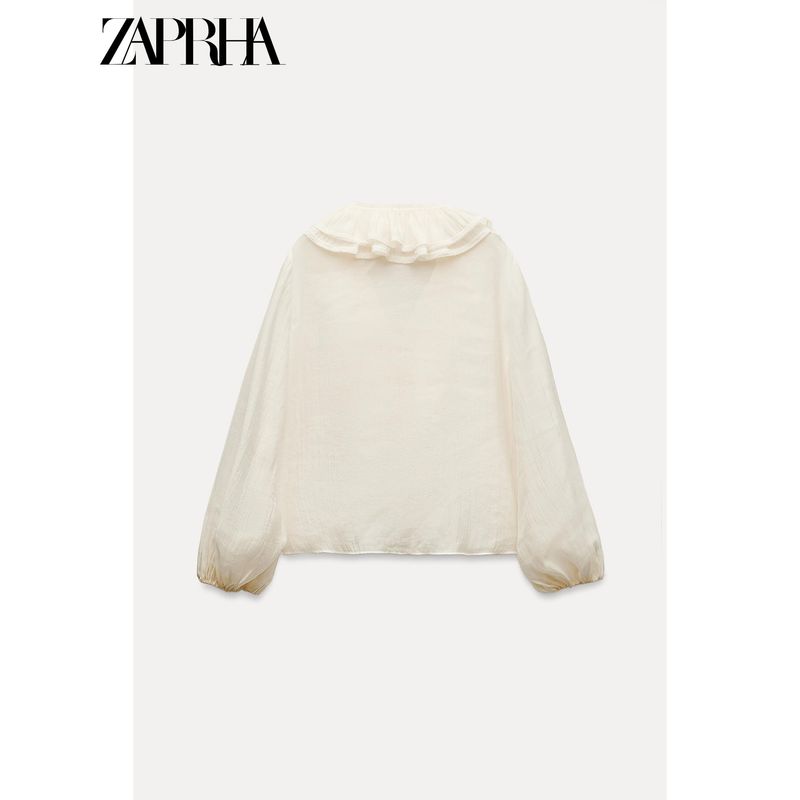 Zaprha Fashionable Shoelace Drape Smock Top Deep V Neck French Ruffles Long Sleeves Shirt for Women 8544207