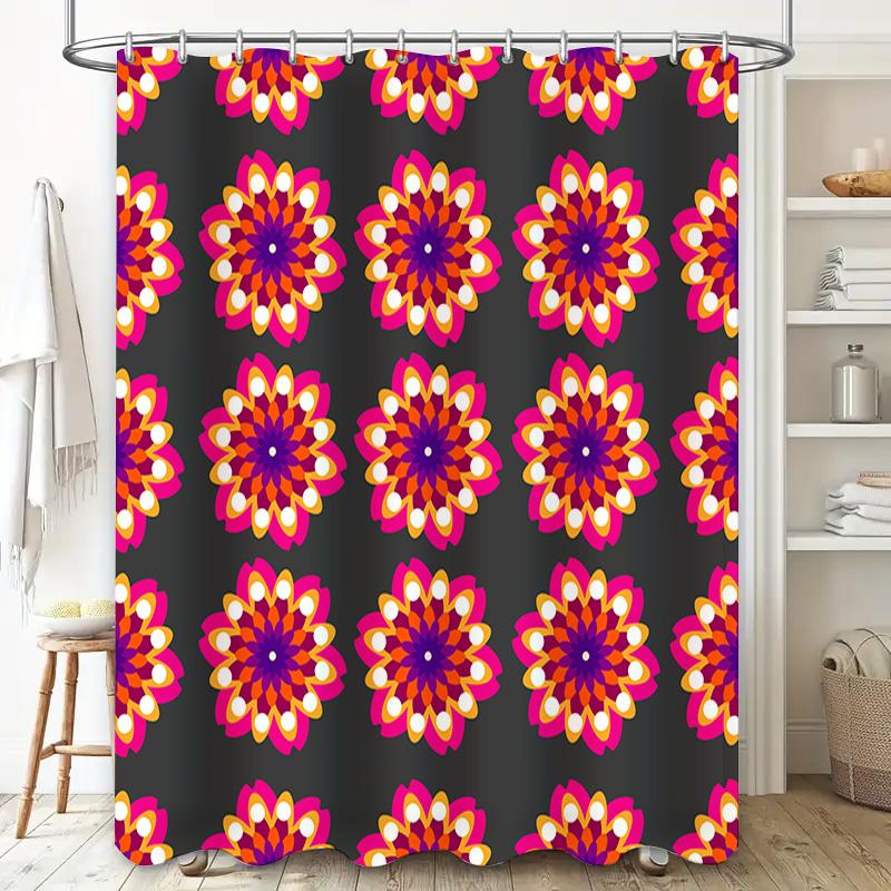 Creative Mandala Shower Curtain Pink Yellow Floral Pattern Fabric Shower Curtain Set for Bathroom Decor, Polyester Waterproof Sh
