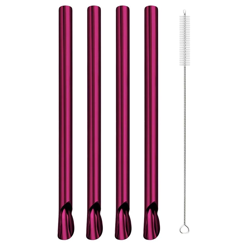 4Pcs Straw Spoon Durability Stirring Spoon Drinking Straw for Smoothie Milkshake Bar Reusable Stainless Steel Scoop