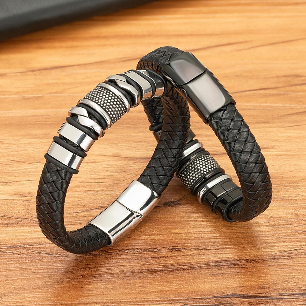 Fashion Braided Rope Wrap Black Leather Bracelets for Men Classic Style Stainless Steel Bangle Couple Charm Jewelry Gifts