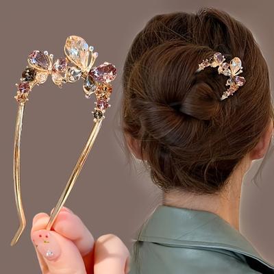 Pince à cheveux en alliage en forme de U pour femmes, incrustée de cristal papillon, style classique avancé, nouvelle pince à cheveux de style chinois en forme de disque