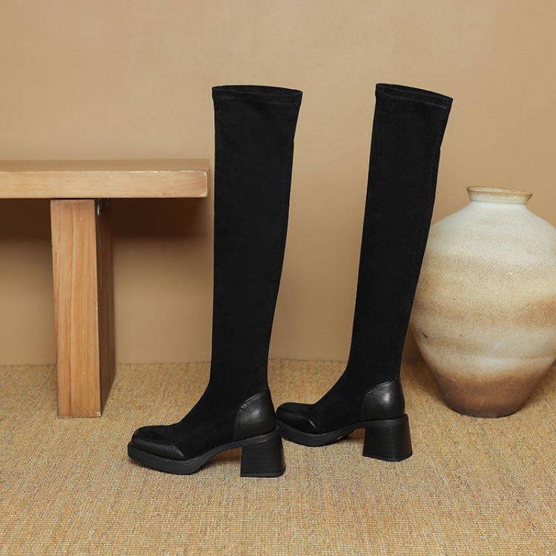 Autumn and winter suede over-knee women's boots high-heeled sleeve large-size leather shoes square heel Korean version square head thick-soled non-sl