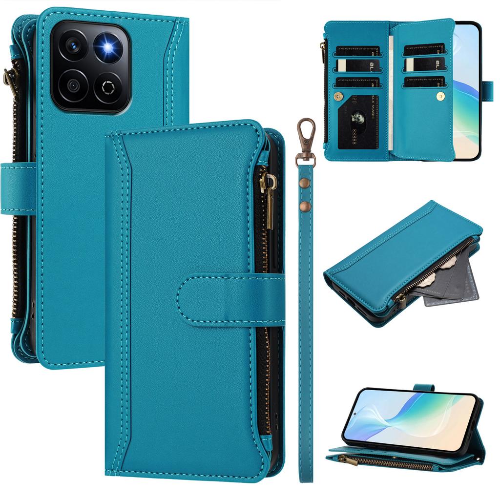 For Honor Play 60 Plus 5G/X7c 5G/X7c 4G/200 Smart 5G Leather Case 9 Card Slots Zipper Wallet Stand Phone Cover with Wrist Strap
