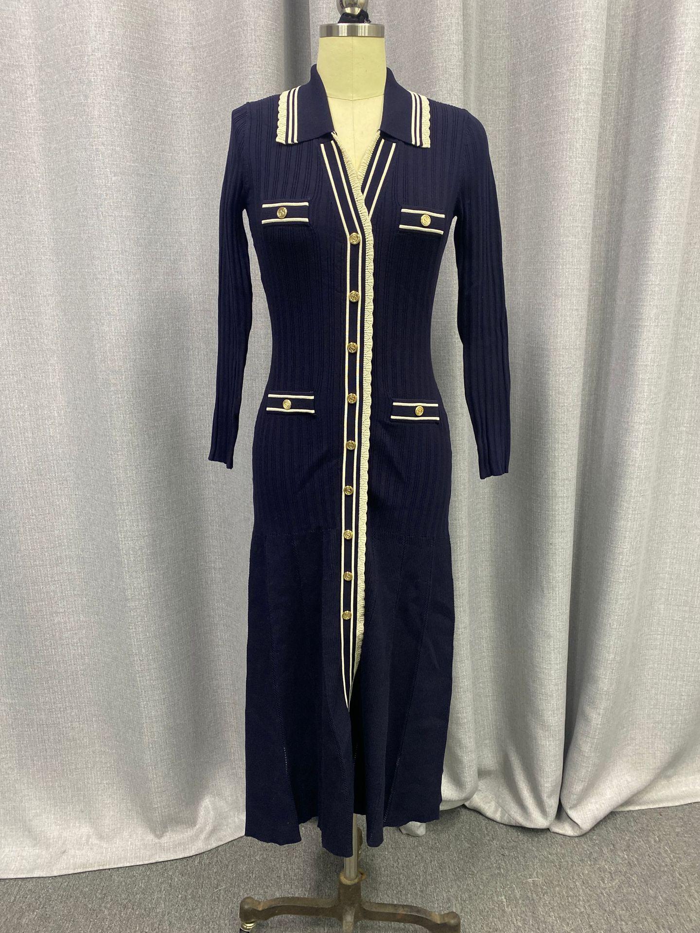 

Высококачественная черная трикотажная длинная юбка с воротником-поло и полосками – осень/зима в стиле знаменитости Сяо Сян Medium синий/чёрный