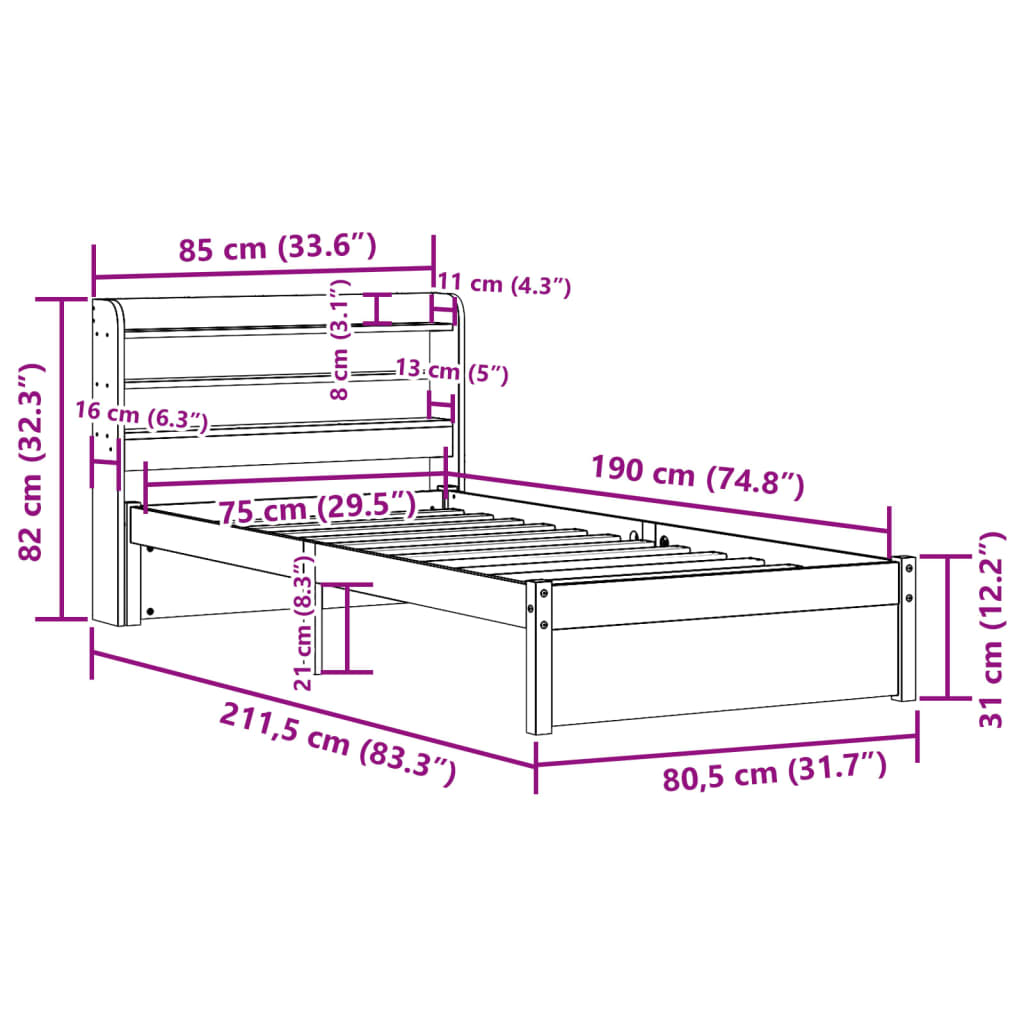 Bed Frame with Headboard Without Mattress White 75 x 190 cm