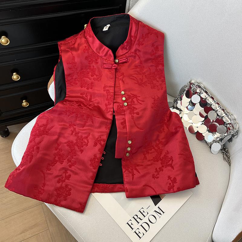 Elegante Retro-Jacquard-Weste mit Stehkragen und Schnalle, Pflaumenblüte, Orchidee, Bambus, Chrysantheme, Rot, Festlich