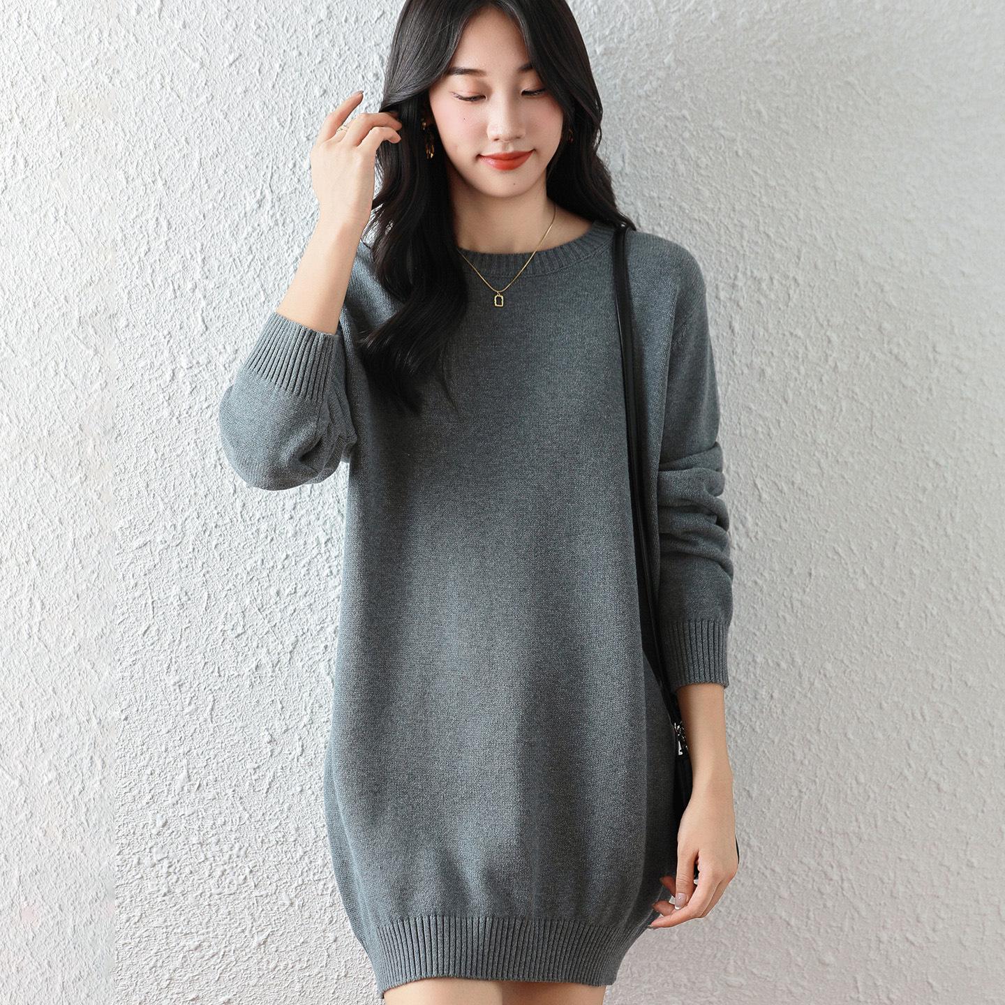 

Женское вязаное платье-свитер из 100% хлопка 2025 – Облегающее бедра, Универсальное, Круглый вырез, Свободное, Утепленное, Средней длины L