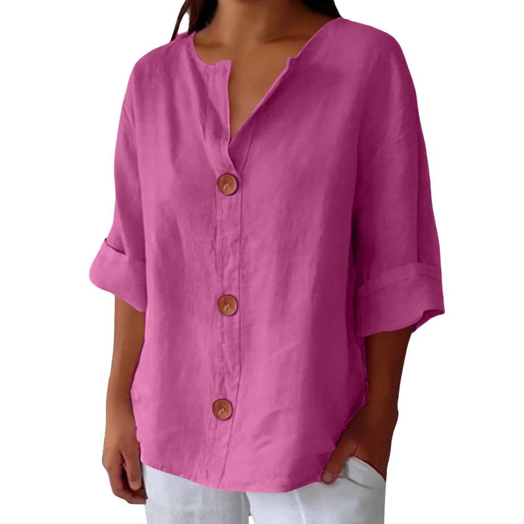 Women's Linen Cotton Button Down Blouse V Neck 3/4 Sleeve Casual Loose Tunic Top