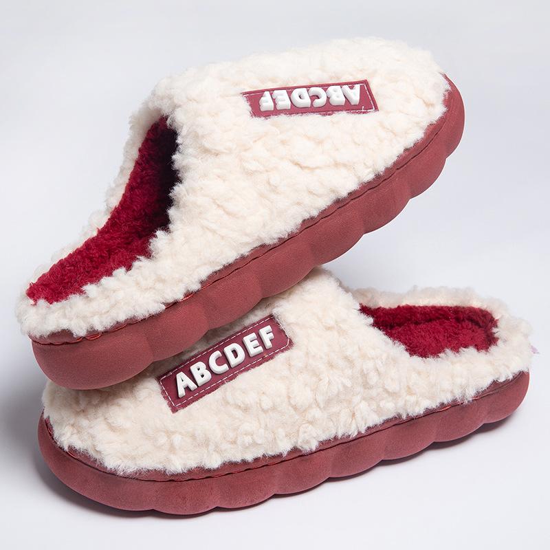 New letter-marked cotton slippers men's solid color simple velvet thickened winter home warm feet couple slippers