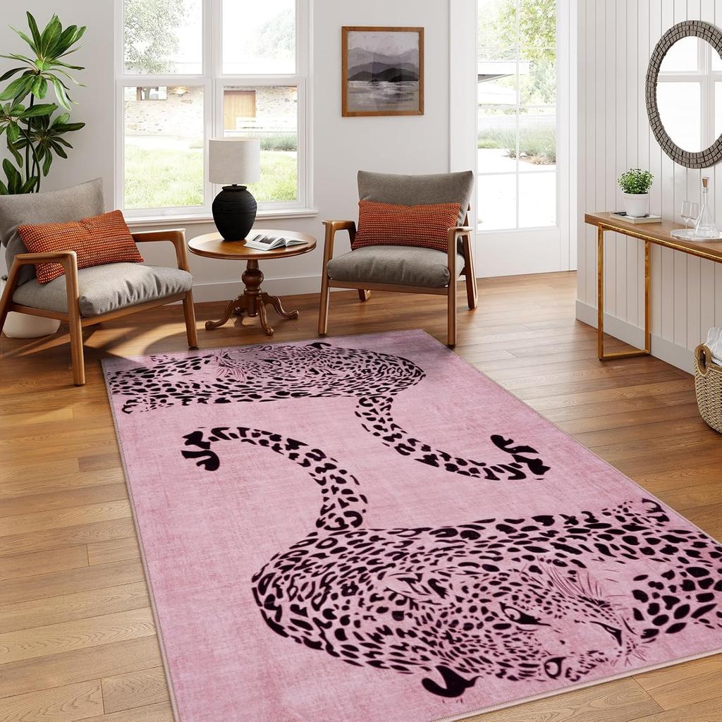 Minimalist Leopard Silhouette Themed Rug,Anti-Slip Mat with Blush Pink Base Living Room Bedroom,Chic Exotic Decorative Carpet