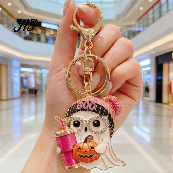 Holding Milk Tea Ghost Keychain Halloween Cartoon for Backpack, Alloy Pumpkin Keyring, Handbags Backpack Accessories Festive Party Favor