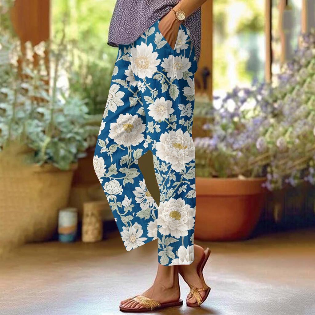 Dámské ležérní módní kalhoty s rovnými nohavicemi s květinovým potiskem, kalhoty s kapsami