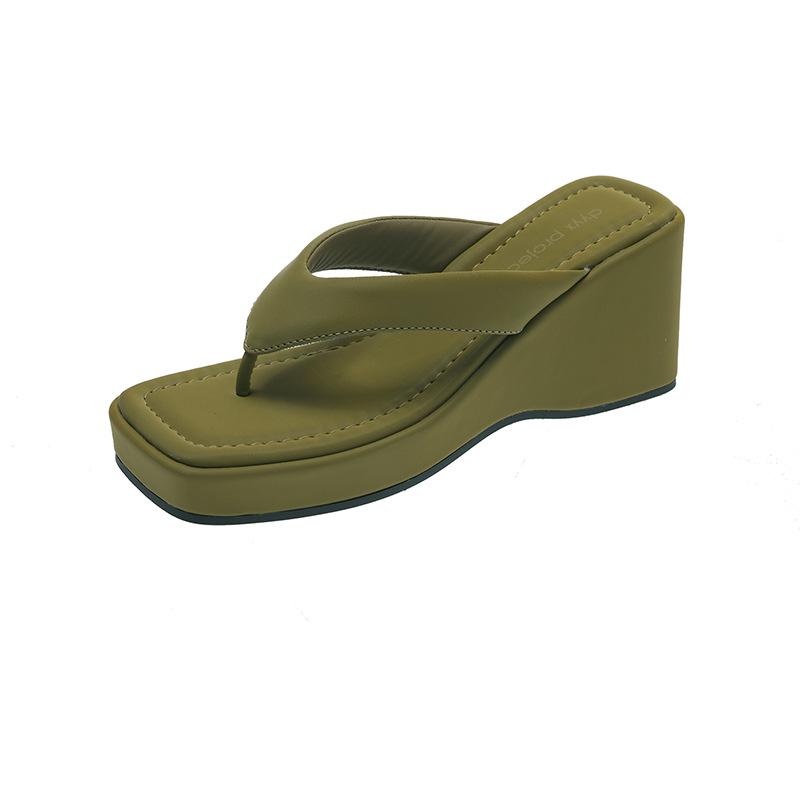 French Square Head Slope Heel Toe Slippers Women'S Summer Wear Not Tired Feet Sandals Beach Vacation Style Herringbone Cool Slippers