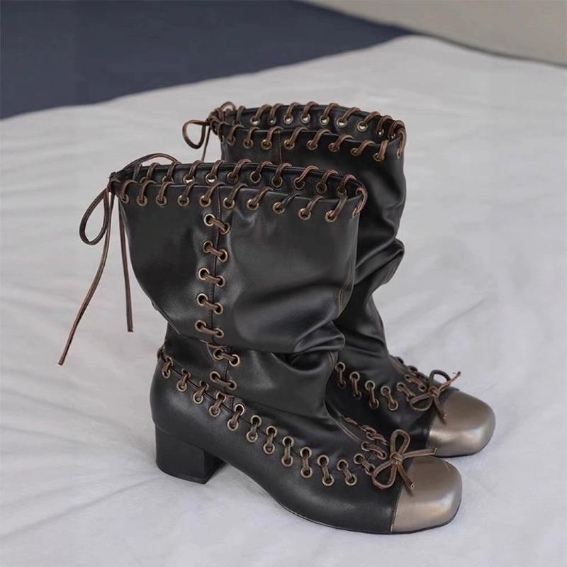 Square head strap bow pleated fashion boots retro big tube circumference thick heel short boots punk style pile medium tube boots women