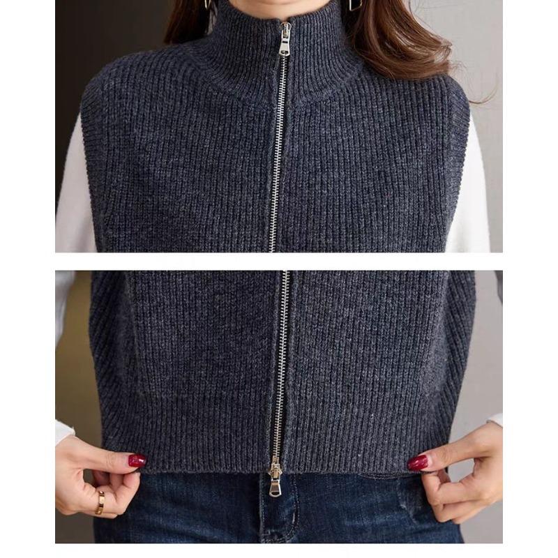 DIMANAF 2025 Autumn Winter Women Sweaters Vest Tops Knitted Basic Sleeveless Zipper Outerwear