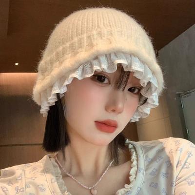 Krajková pletená čepice Bucket Hat pro ženy, podzimní a zimní, pouliční, sladká, všestranná, venkovní, teplá, ležérní, velká hlava, bob čepice