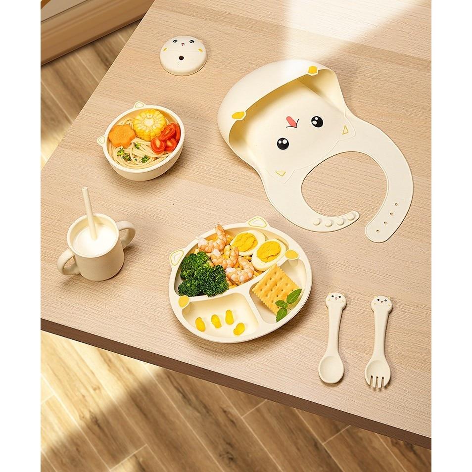 7-Piece Silicone Baby Feeding Set, BPA-Free, Cute Cat Design, Toddler Plate Set with Suction Base, 12M+, 30x25x6cm, Beige Fitilomania