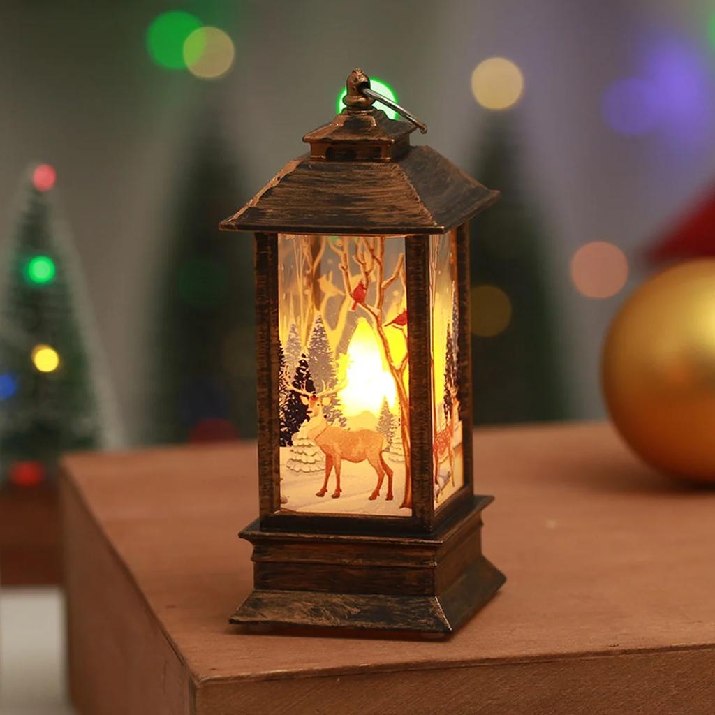 LED Christmas Lantern, Decorative Night Light Table Ornament Festive Candle Lamp Santa Snowman Deer Design For Indoor Holiday Decor, Battery Operated