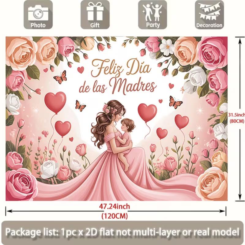 2D Pink Rose Mother's Day Backdrop, Latinx Mother's Day & Party Decoration