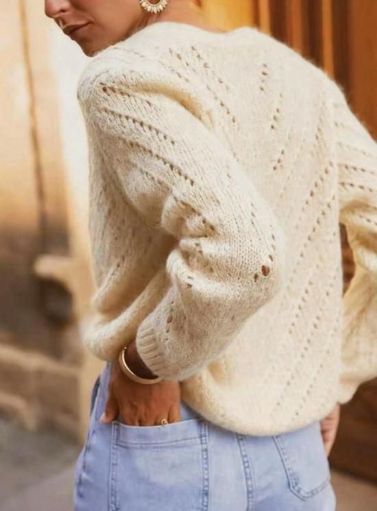 Damen V-Ausschnitt Mohair Cardigan - Langarm, Lochmuster, einfarbige Basis für Frühling & Herbst