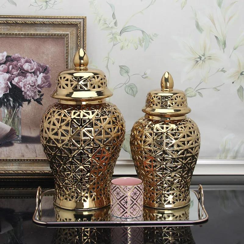 Modern Dried Flower Vase Hollow Ceramic Ginger Jar Desktop Storage Jar with Lid Home Decoration Flower Arrangement Accessories