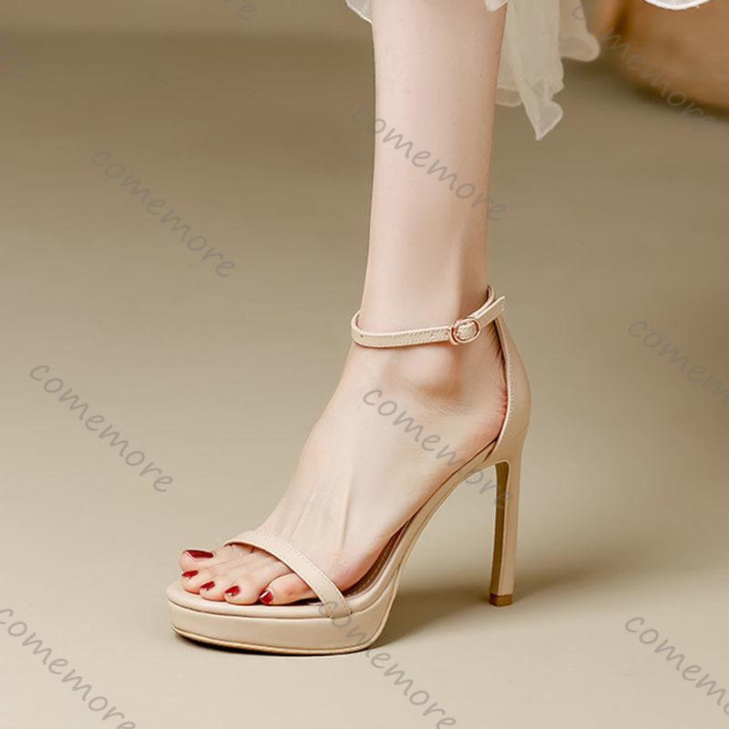 Fashion Comemore Women's High-Heeled Sandals Platform Ankle Buckle Fish Mouth Sexy Nightclub-Style Sexy Stiletto Heel Solid Sandales
