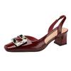 New One-word Sandals with Bag Head Women's Thick Heel Square Head Empty Shoes Red High Heels