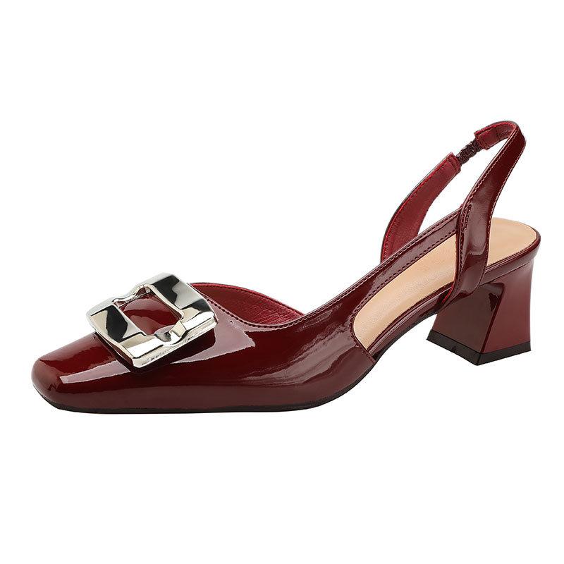 New One-word Sandals with Bag Head Women's Thick Heel Square Head Empty Shoes Red High Heels
