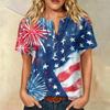Women’s Casual Henley Button Neck Short Sleeve Cotton Linen Shirt with Chest Pocket and Independence Day Inspired Print Top