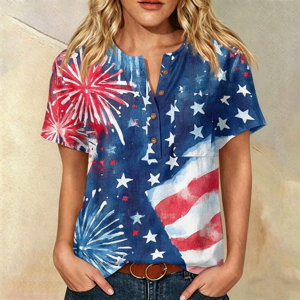 Women’s Casual Henley Button Neck Short Sleeve Cotton Linen Shirt with Chest Pocket and Independence Day Inspired Print Top