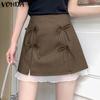 VONDA Women Zipper Waist Bow Knot Solid Color Netyarn Hem Mini Skirts