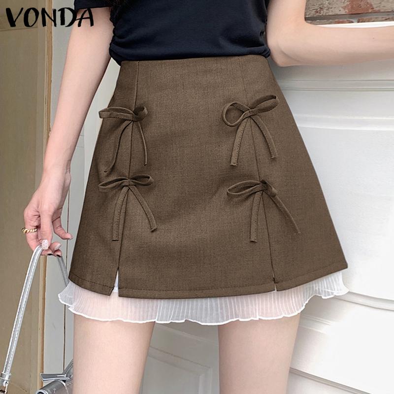 VONDA Women Zipper Waist Bow Knot Solid Color Netyarn Hem Mini Skirts