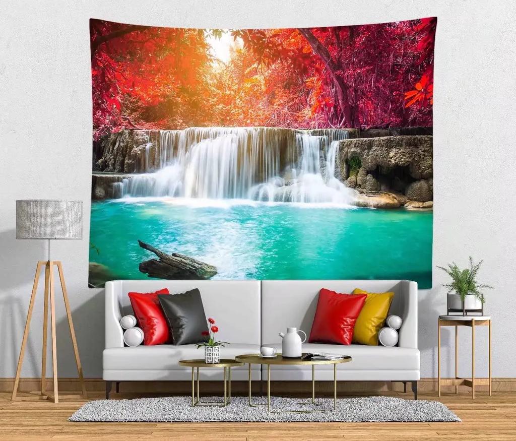 Enchanted Forest Tapestry Serene Waterfall Wooden Path Unique Wall Art for Home Decor Bedroom Nature Lover Gift