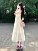Small French retro lace neck dress summer women's new sexy sleeveless off-the-shoulder big swing dress