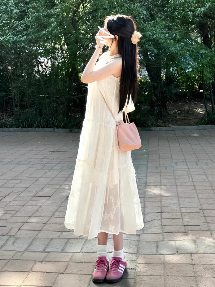 Small French retro lace neck dress summer women's new sexy sleeveless off-the-shoulder big swing dress
